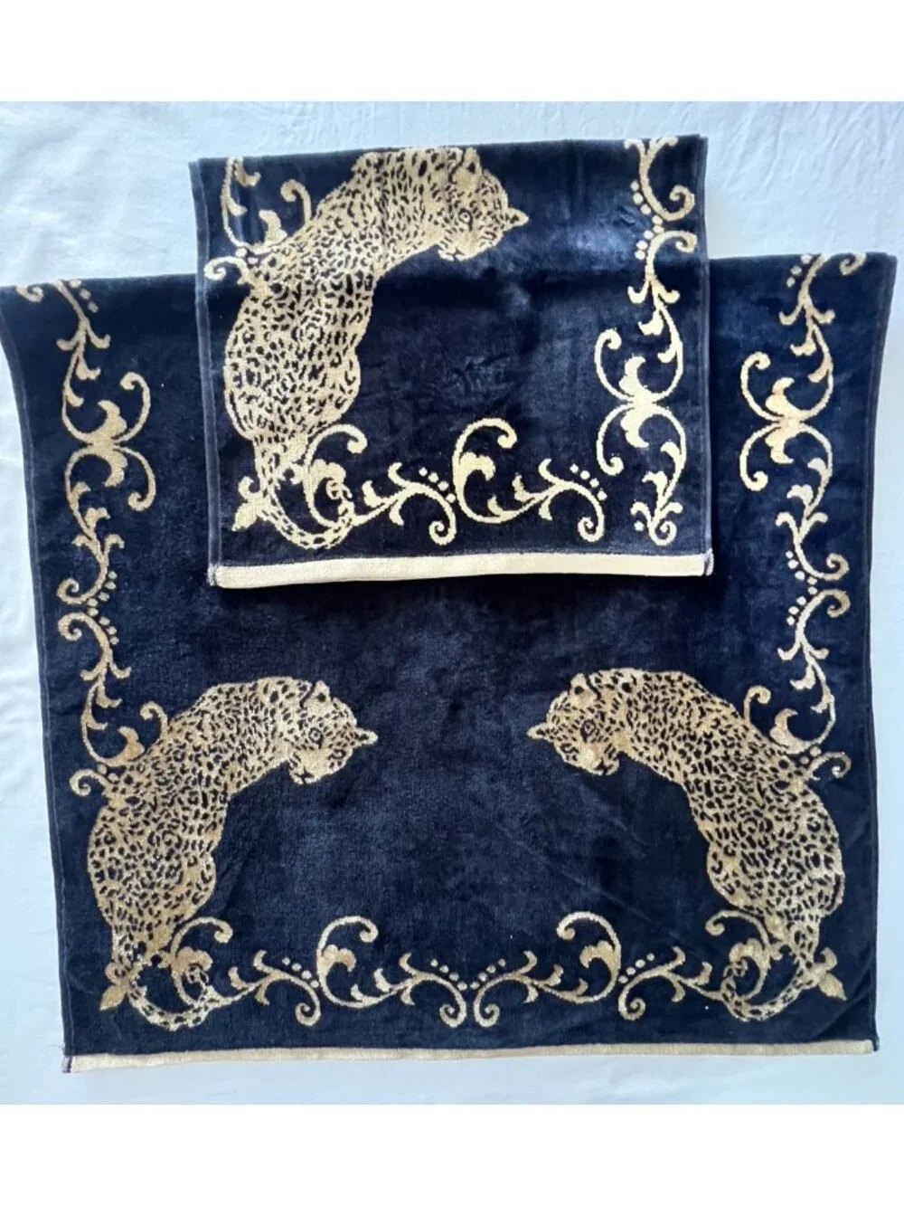 Leopard Cheetah Bath Towel Set 2 Black Gold Reversible 100% Cotton Animal Print